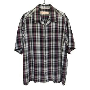 Tommy Bahama 100% Silk Short Sleeve Button Up Men's L Black/Wine‎ Textured Plaid